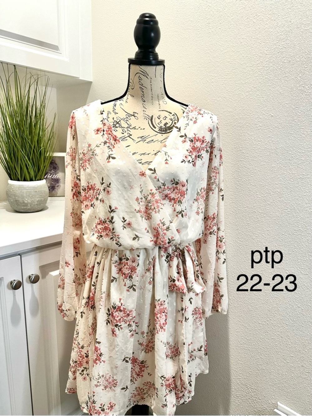 Floral Wrap-Style Cream and Pink Long-Sleeve Dress